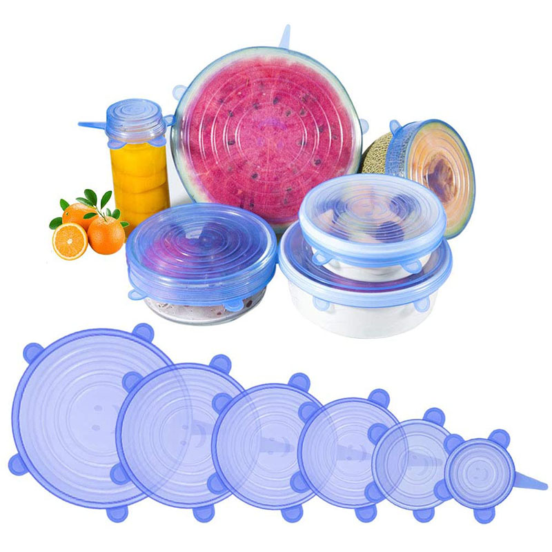 Lot de 6 couvercles extensibles en silicone réutilisables sans BPA pour conserver les aliments frais Différentes formes et tailles de récipient Pour micro-ondes et congélateur bleu 