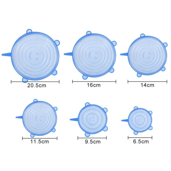 Lot de 6 couvercles extensibles en silicone bleu de Ø 6,5cm à Ø 21cm