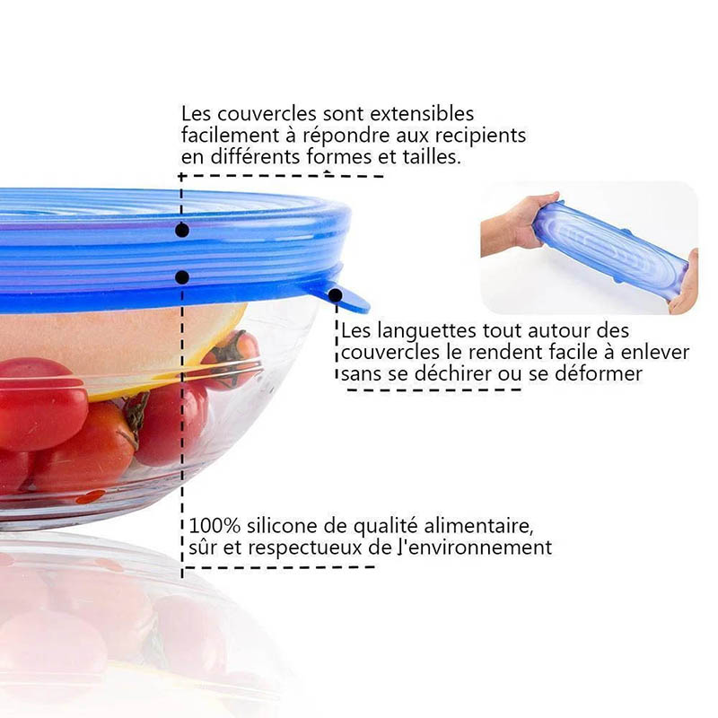 Lot de 6 couvercles en silicone réutilisables