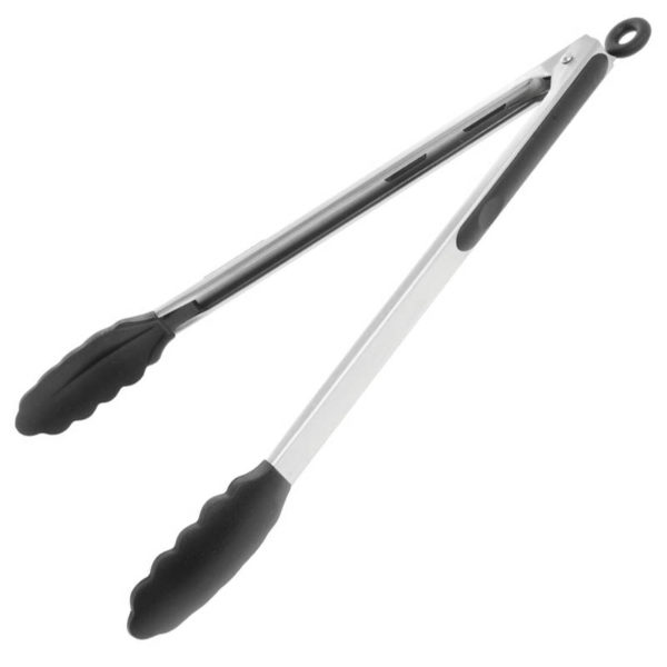 Large stainless steel and silicone tongs | Black