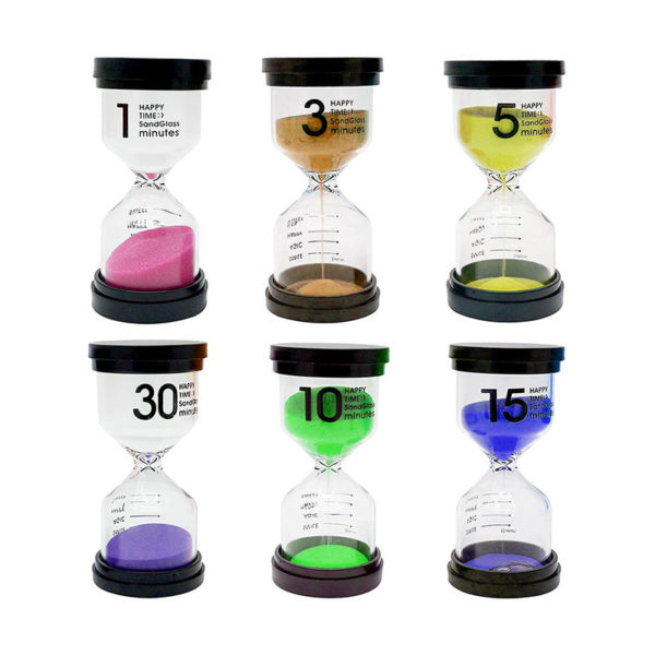 Set of 6 colored glass hourglasses of 1, 3, 5, 10, 15 to 30 minutes