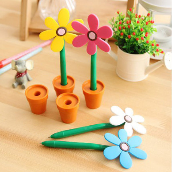 Lot de 6 Stylos colorés Fleur avec 6 pots